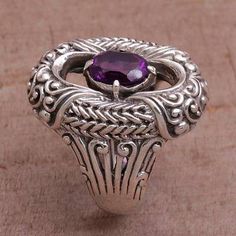 Amethyst cocktail ring, 'Purple Temple' - Amethyst and Sterling Silver Cocktail Ring from Bali Heirloom Purple Amethyst Ring With Intricate Design, Purple Amethyst Rings With Intricate Design, Luxury Purple Sterling Silver Ring, Heirloom Style Amethyst Ring With Intricate Design, Heirloom Amethyst Ring With Intricate Design, Formal Spiritual Amethyst Ring, Purple Anniversary Rings With Intricate Design, Sterling Silver Purple Jewelry With Intricate Design, Purple Sterling Silver Jewelry With Intricate Design