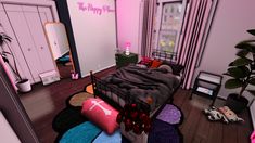 a bedroom with pink walls and purple carpeted flooring in the room is shown