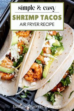 shrimp tacos with avocado and feta cheese on top in a grill