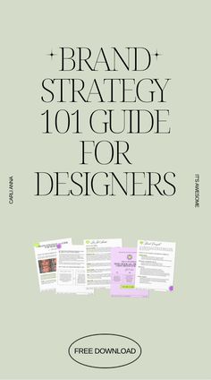 the book cover for brand strategy 101 guide for designers, with three pages on each page