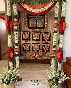 Indian Pooja Room, Pooja Room Ideas, Pooja Room Door, Door Flower Decoration, Pooja Door, Pooja Door Design, House Outer Design, Housewarming Decorations