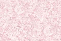 a pink and white wallpaper with flowers, leaves and birds on it's surface