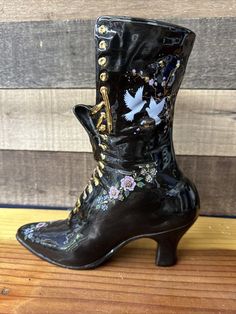 Handpainted Black Victorian Boot Vase 10" Tall 9" long. Beautiful display piece. Please ask any questions and check out my other items. Have a joyful day E1/d2 Boot Vase, Victorian Boots, The Ordinary, Halloween Shopping, Bathing Beauties, Accessory Gift, Pet Supplies, Vase, Electronic Accessories