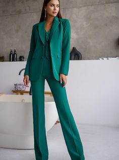 Three-piece pantsuit for women: straight leg pants with high rise, buttoned vest and lined blazer Please note suit measurements  Pants length inseam is 36 inches or 91 cm Sleeve length 24 inches or 61 cm Our Women's Blazer Trouser Suit for office, business meetings, formal events and special occasions. Always trendy, classic and o good looking DETAILS -  straight leg pants -  high rise -  blazer is buttoned -  lined -  side pockets -  relaxed fit -  single breasted -  buttoned vest MATERIAL Prem Fitted Suits With High-waisted Pants For Office, Office Suits With Fitted High-waisted Pants, Fitted Pantsuit For Career, Tailored Solid Suits With Straight Pants, Tailored Career Sets With Notch Lapel, Spring Office Three-piece Suit With Notch Lapel, Office Sets With Straight Pants, Fitted Single Breasted Pantsuit With Straight Pants, Notched Pantsuit For Business Casual