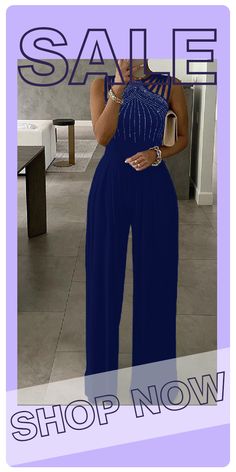 Blue Sexy Hot Drilling Split Joint Halter Straight Jumpsuits Jumpsuit Online, Wholesale Fashion, Buy Now, Split, Jumpsuit, Shop Now, Blue, Patchwork