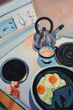 an oil painting of eggs and other breakfast foods on a stove top with a tea kettle