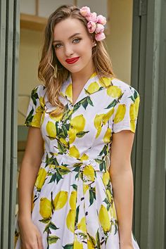 Fitted Short Sleeve Dress With Lemon Print, Vintage Summer Holiday Dresses, Vestidos Retro, Christmas Carnival, Carnival Festival, Pin Up Dresses, Printed Summer Dresses, Lemon Print, Vestidos Vintage