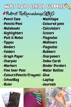 the back to school list is shown with pictures and writing supplies on top of it