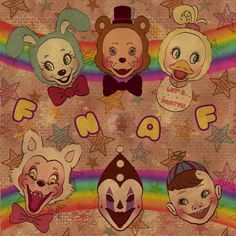 some cartoon characters are on a rainbow colored background with the word f o f written below them