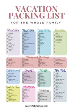 the vacation packing list for the whole family is shown in this printable version, which includes