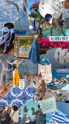 the collage shows many different pictures and people in blue outfits, with one woman standing on