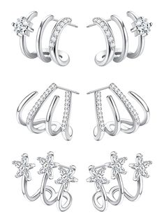 PRICES MAY VARY. [Claw Ear Cuff Earrings for Women ] You will get 3 pairs dainty claw earrings that look like multiple piercings, including four claw earrings, triple huggie stud earrings and flower claw ear cuff. Classic 3 or 4-arc shapes, perfectly wrap the ears [925 Sterling Silver Stud Earrings] The ear pins are 100 % 925 sterling silver, lead-free and nickle-free, hypoallergenic for your sensitive ears. Our cubic zirconia cuff earrings feature AAAAA+CZ stones for showcasing elegance. 14K wh Silver Clothing, Earrings Cuff, Claw Earrings, Piercing Earrings, Women Flower, Ear Cuff Earings, Small Earrings Studs, Earrings Minimalist, Ear Cuffs