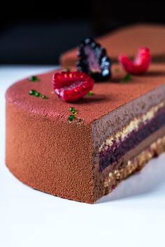 a piece of chocolate cake with raspberry toppings on the top and bottom