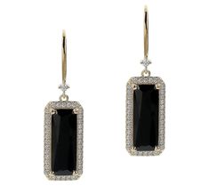 Scale up the elegance of your outfit with these dangle earrings each sporting a bold Diamonique simulated diamond bedecked with a sparkling halo. Luxury Rectangular Diamond Earrings, Rectangular Diamond Earrings With Accents For Formal Events, Formal Rectangular Diamond Earrings With Accents, Elegant Rectangular Diamond Earrings, Formal Rectangular Earrings With Diamond Accents, Classic Rectangular Earrings With Diamond Accents, Elegant Jewelry With Rectangular Stone, Elegant Rectangular Linear Earrings As Gift, Elegant Rectangular Linear Earrings For Gift