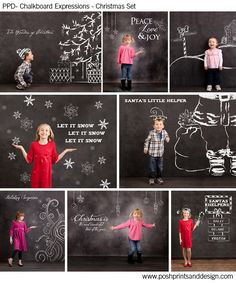 a series of photos showing children standing in front of chalkboard with christmas writing on it