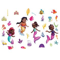 the little mermaids wall stickers are all in different shapes and sizes, with their names