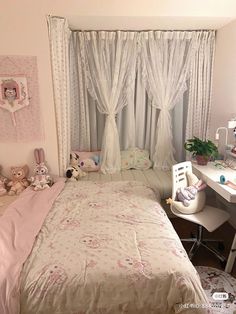 a bed room with a neatly made bed and lots of stuffed animals