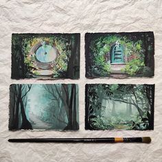 four paintings on paper with a brush next to them