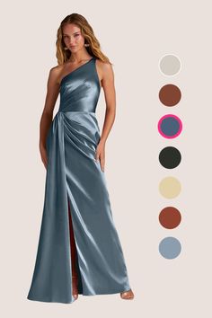 a woman in a long blue dress with one shoulder and side slits, standing next to color swatches