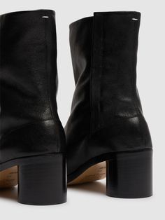 60mm Heel. Smooth leather upper. Side hook closure. Split toe. Leather sole Black Boots Men, Versace Brand, Rounded Toe Boots, Sports Sweatshirts, Brown Ankle Boots, Brown Leather Boots, Shearling Jacket, Suede Ankle Boots, Black Leather Boots