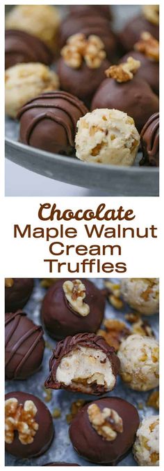 chocolate maple walnut cream truffles on a platter with the title above it