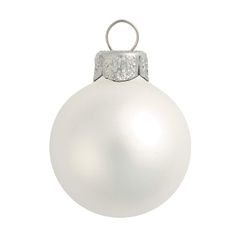 a white christmas ornament hanging from a silver ribbon on a white background with clippings