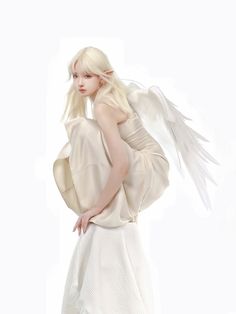 a woman with white hair and angel wings on her back is standing in a white dress