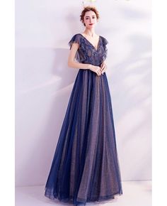 Buy Navy Blue Vneck Elegant Long Prom Dress With Cap Sleeves at wholesale price online. Free shipping and pro custom service since 2009. Royal Blue Prom Dress Short, Prom Dresses Short Blue, Blue Prom Dresses, Dress With Cap Sleeves, Royal Blue Prom Dresses, Blue Tulle, Cheap Prom Dresses, Prom Dresses Blue, Prom Dresses Short