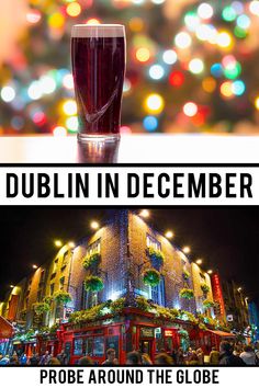 a poster with the words dublin in december and an image of a pub around the globe