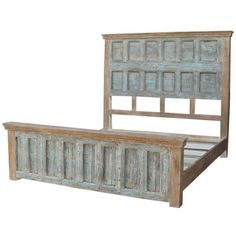 an old wooden bed frame with no headboard