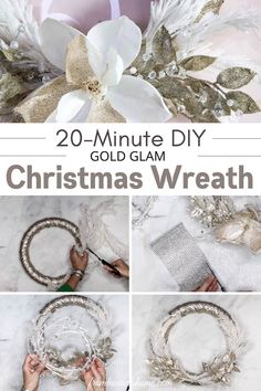 20-Minute DIY Gold Christmas Wreath White And Gold Wreath Christmas, White And Gold Wreath, Xmas Garland, Gold Christmas Wreath, Christmas Wreath Diy, Foam Wreath, Christmas Wreath Decor, Glam Christmas Decor, Diy Christmas Wreath