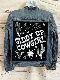 One of a Kind Giddy up Cowgirl Western Upcycled Women's Denim Jean Jacket Size Small GAP brand. Rustic look around edges of neckline. Super cute!!  Shirt is fully attached to the jacket as well as custom stitching around the edges. Cowgirl Denim Jacket, Upcycle Jean Jacket, Gap Brand, Custom Jean Jacket, Custom Jeans, Jean Jacket Women, Upcycle Jeans, Denim Jean Jacket, Cheer Mom