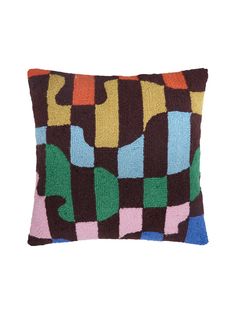 a decorative pillow with multicolored squares on the front and back, made out of wool