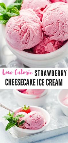 low calorie strawberry cheesecake ice cream in a white bowl with mint sprigs