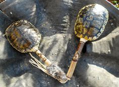 two tortoise shell brushes sitting on top of a metal pan