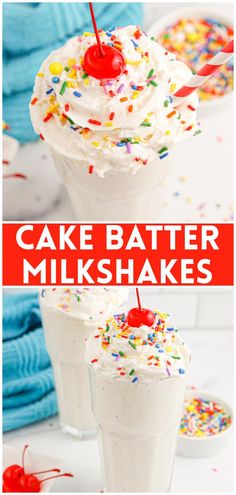 cake batter milkshakes with sprinkles and cherries on the top