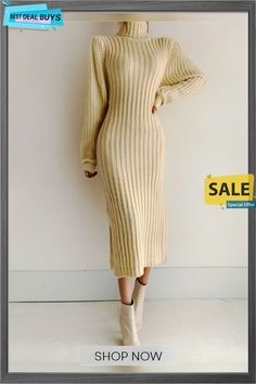 Long Sleeve Plain Elegant Regular Fit Midi Dress Beige Non-stretch Midi Dress For Fall, Beige Sweater Dress For Spring, Beige Sheath Dress For Fall, Casual Non-stretch Winter Maxi Dress, Winter Casual Non-stretch Maxi Dress, Long Beige Winter Dresses, Casual Non-stretch Winter Midi Dress, Non-stretch Casual Winter Midi Dress, Casual Maxi Sweater Dress For Spring