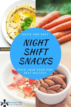 the words night shift snacks are shown in three different pictures, including carrots and almonds