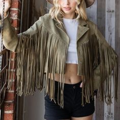 As Country As It Gets With This Amazing Fringe Jacket. You'll Sure Stand Out Everywhere You Go. Suede Moto Fringe Jacket Material: 90% Polyester And 10% Spandex Brown Fringe Outerwear For Spring, Fringe Jacket, Olive Green, Jackets & Coats, Jackets For Women, Womens Sizes, Spandex, Green, Women Shopping