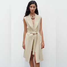 Brand New With Tags. Oversized Fit. Size Small Chic Belted Summer Outerwear, Elegant Belted Outerwear For Day Out, Chic Belted Outerwear For Day Out, Chic Summer Outerwear With Pockets, Elegant Summer Daywear Outerwear, Summer Workwear Outerwear With Pockets, Sleeveless Linen Outerwear For Fall, Zara Summer Outerwear For Work, Chic Linen Outerwear For Work