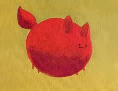 a painting of a red pig on a yellow background