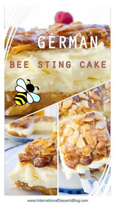 the german bee sting cake is cut into slices