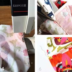 four pictures showing different ways to sew and how to use the sewing machine on fabric