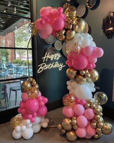 Pink, Gold, and White Birthday Balloon Arch by Capri & Eros Occasions Houston Pink Amd Gold Balloon Garland, Pink Gold And White Birthday Party Decoration, Balloon Garland Pink And Gold, Pink Gold White Balloon Garland, Coral Gold And White Balloon Arch, Gold And Pink Decorations Party Ideas, Balloon Decorations 21st Birthday, Pink Birthday Balloon Arch, Hot Pink White And Gold Party Decoration