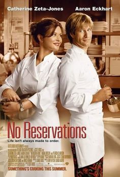 the movie poster for no reservations starring two chefs in white coats and aprons