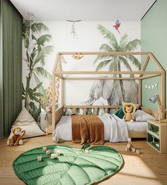 a child's bedroom decorated in green and white with an elephant mural on the wall