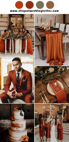 a collage of photos with orange and brown wedding color palettes, including the bride and groom