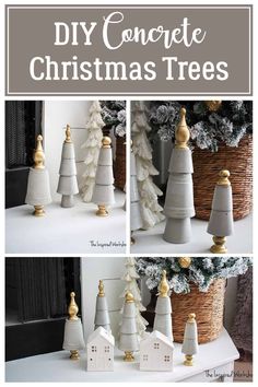 diy concrete christmas trees with gold and silver ornaments