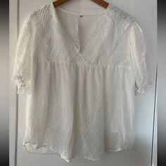 Nwt Gaovot Blouse. Beautiful Embroidery In The Neck Area And Puff Sleeves With Dots. White Color Size Large. Casual Swiss Dot V-neck Blouse, Casual V-neck Swiss Dot Blouse, Casual V-neck Top With Swiss Dot Details, Casual V-neck Swiss Dot Top, V-neck Broderie Anglaise Blouse For Daywear, White Broderie Anglaise Short Sleeve Blouse, Daywear V-neck Top With Broderie Anglaise, Summer White Swiss Dot Blouse, V-neck Broderie Anglaise Top For Daywear