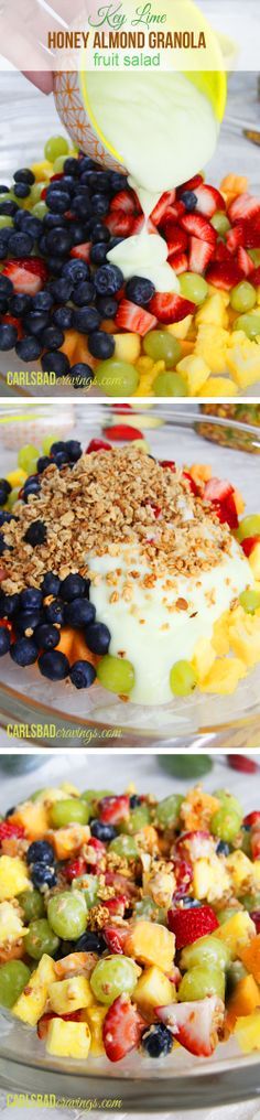 three pictures of different types of fruit and yogurt on top of each other